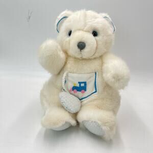 Vintage 1991 Baby Dakin White Blue Polar Teddy Bear Train Pocket Heart Squeaker